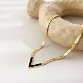 Stainless Steel V-shaped Women's Neck Necklace, Luxury And High-end V-neck Flat Collarbone Chain For Girls (Color: Black)