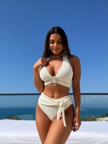 2026 New Cream Textured Halter Two-Piece Swimsuit Women's Side Tie High-Waisted Tummy Control Bathing Suit for Beach Vacation, Gentle Luxury Style (Color: White, size: S)
