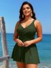2026 New Plus Size Dark Green Swimdress One-Piece Swimsuit Women's Cross V-Neck Tummy Control Bathing Suit for Beach Vacation, Elegant & Modest